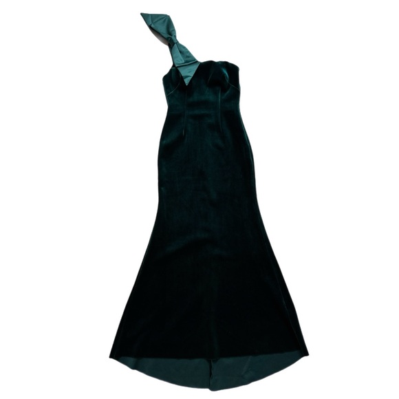 Eliza J Emerald Green Velvet One Shoulder Bow Gown Maxi Dress 4 - Picture 2 of 7